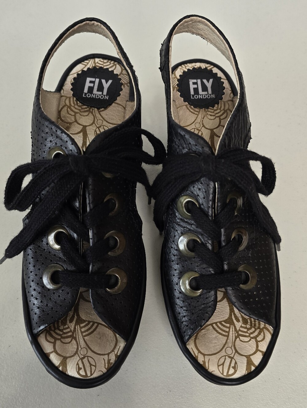 Fly London YLVA Black Perforated Leather Lace-Up Wedge Sandals EU 39 8-8.5 - Picture 5 of 9